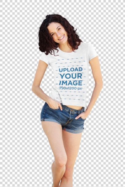 Transparent T-Shirt Mockup of a Woman Posing Leaning on a Wall