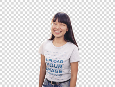Transparent T-Shirt Mockup of an Asian Woman Outside her House