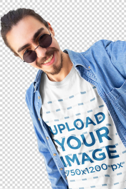 Transparent Tee Mockup of a Happy Customer with a Demin Shirt and Cool Sunglasses Taking a Selfie