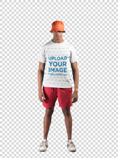 Transparent T-Shirt Mockup Featuring a Man Wearing Beach Clothing in a Photo Studio