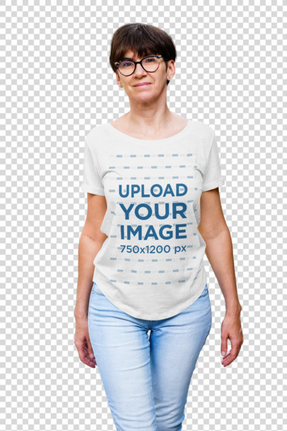 Transparent Round-Neck Tee Mockup of a Woman Walking in the Park