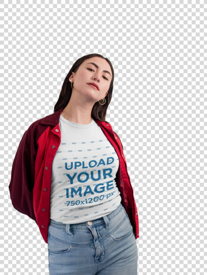 Transparent Mockup of a Woman Wearing a T-Shirt and Red Jacket