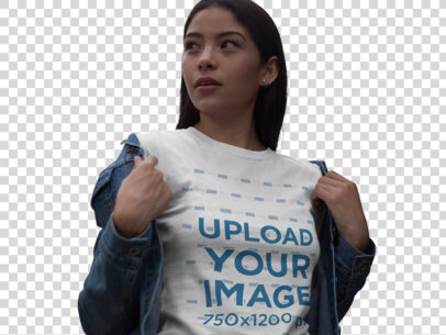 Transparent Beautiful Asian Woman Wearing a T-Shirt Mockup While on the Street