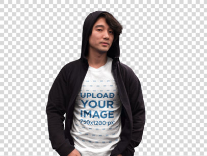 Transparent Asian Man Wearing a T-Shirt Mockup While on the Street at Night