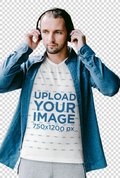 Transparent V-Neck T-Shirt Mockup of a Man With Headphones and an Athleisure Look 