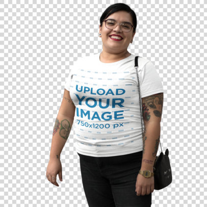 Transparent Smiling Plus Size Woman Wearing a Tshirt Template While at a Park
