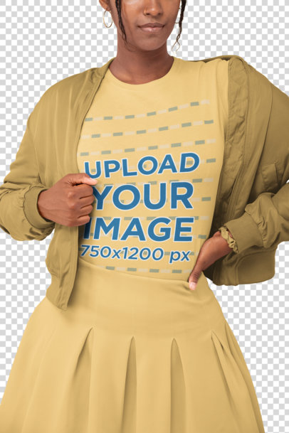 Transparent T-Shirt Mockup of a Woman in a Monochromatic Outfit Posing at a Studio