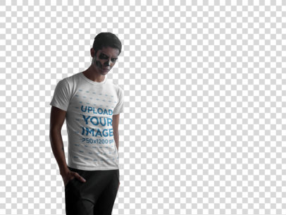 Transparent Mockup of a Man Wearing a T-Shirt and Halloween Makeup in an Abandoned Place