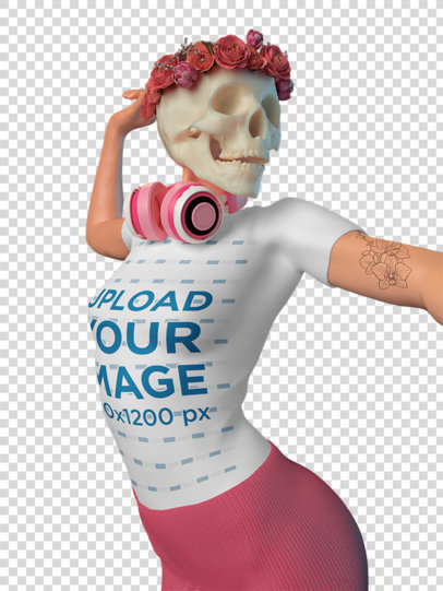 Transparent Illustrated T-Shirt Mockup of a 3D Woman with a Skull-Face and a Crown of Flowers