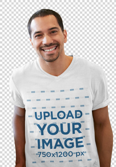Transparent V-Neck T-Shirt Mockup Featuring a Smiling Man