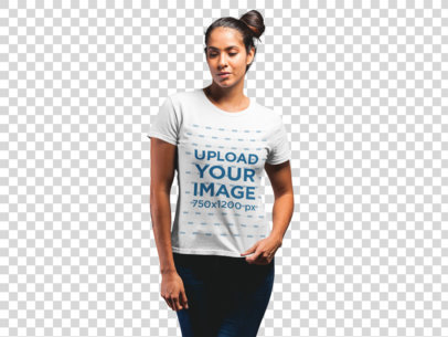 Transparent T-Shirt Mockup Featuring a Woman With a Messy Side Bun