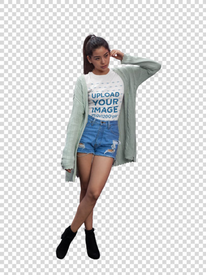 Transparent Pretty Asian Woman Wearing a T-Shirt Mockup While Against a Purple Wall