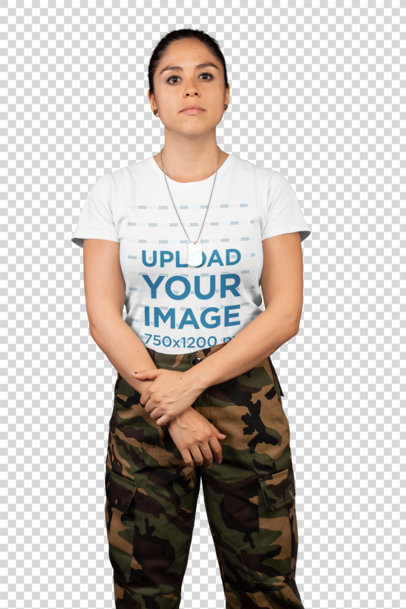 Transparent Mockup of a Calm Woman Wearing a T-Shirt and Military Clothing while Holding Her Wrist