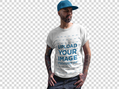 Transparent t-shirt mockup of a tattooed man with shadows over his face a16978