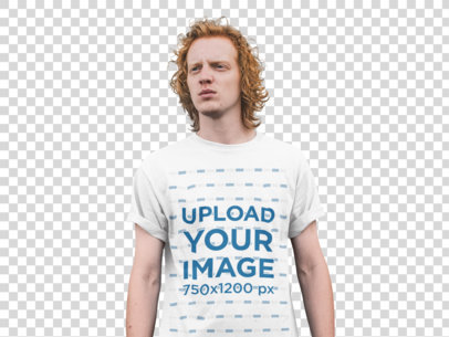 Transparent Tee Mockup of a Man with Red Hair Leaning on a Reefer Trailer
