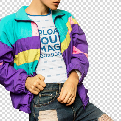 Transparent Ringer T-Shirt Mockup of a Trendy Woman Wearing an '80s-Style Jacket 