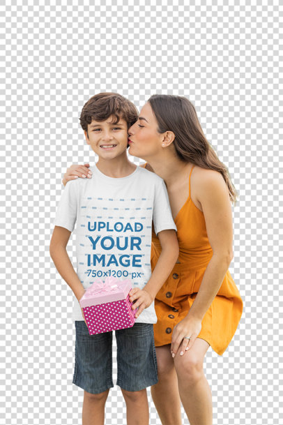 Transparent T-Shirt Mockup Featuring a Mom Kissing Her Son