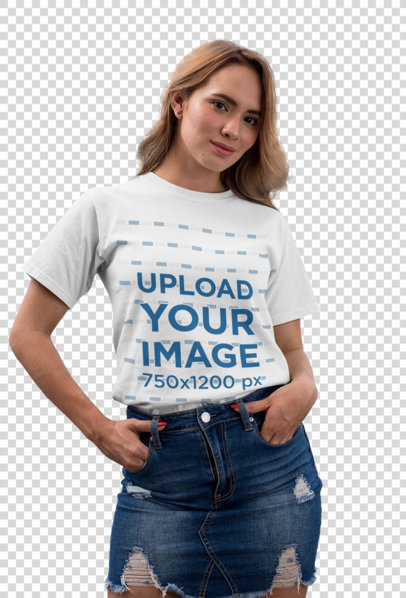 Transparent Tee Mockup of a Woman with a Coy Smile by a Balcony