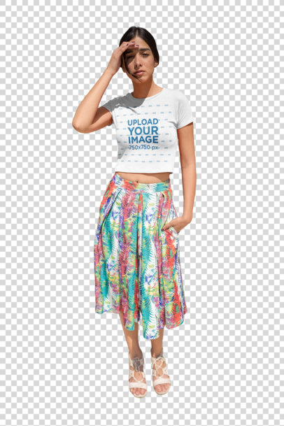Transparent Pretty Woman Wearing a Crop Top Tee Mockup and a Colorful Skirt