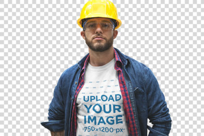 Transparent Serious Bearded Warehouse Worker Wearing a T-Shirt Mockup