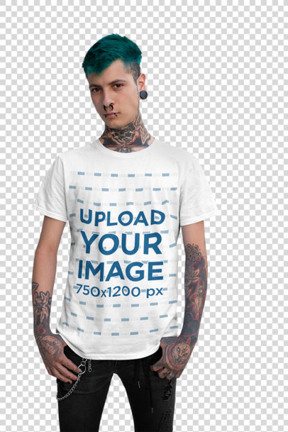 Transparent T-Shirt Mockup of an Alternative Green-Haired Man Posing in a Stairway 
