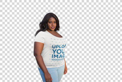 Transparent Plus Size T-Shirt Mockup Featuring a Woman Standing in Front of Bicycles 