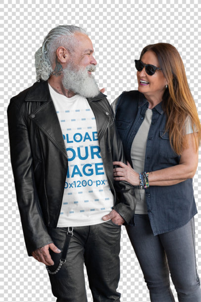 Transparent T-Shirt Mockup Featuring a Bearded Man Talking to a Woman 