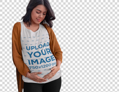 Transparent Tee Mockup of an Expecting Pregnant Woman Leaning Against a Wall