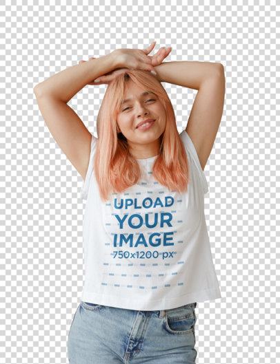 Transparent T-Shirt Mockup of a Happy Mockup with Rose-Gold Hair