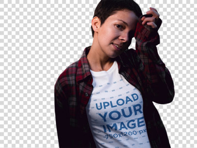 Transparent T-Shirt Mockup of a Woman Wearing a Round Neck Tee in the Street