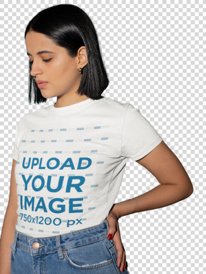Transparent Tee Mockup of a Cute Short-Haired Woman Holding Her Back Hip