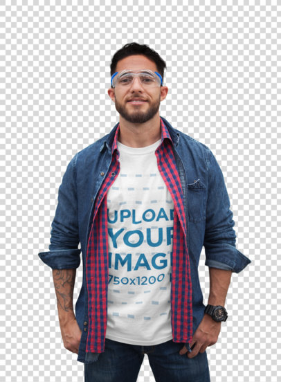 Transparent White Man Wearing a T-Shirt Mockup at the Warehouse