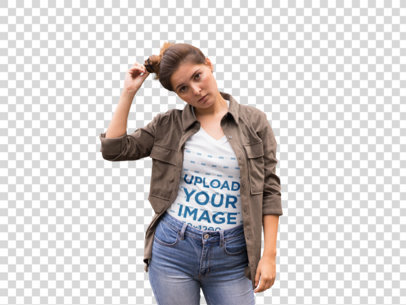 Transparent V-Neck TShirt Mockup of a Trendy Woman with a Jacket