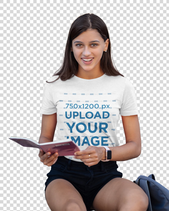 Transparent T-Shirt Mockup of a Young Woman Reading on a Staircase 