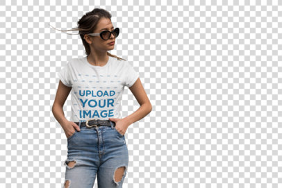 Transparent T-Shirt Mockup Featuring a Cool Young Woman Wearing High Rise Jeans 