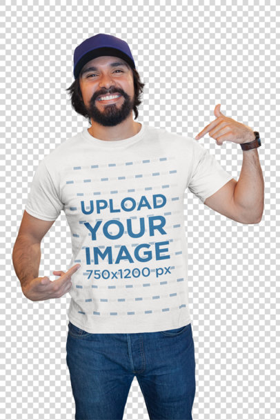 Transparent Mockup of a Happy Customer Pointing at His T-Shirt Inside a Modern Office