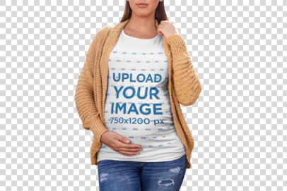 Transparent Mockup of a Pregnant Woman Wearing a T-Shirt in front of a Floral Bush
