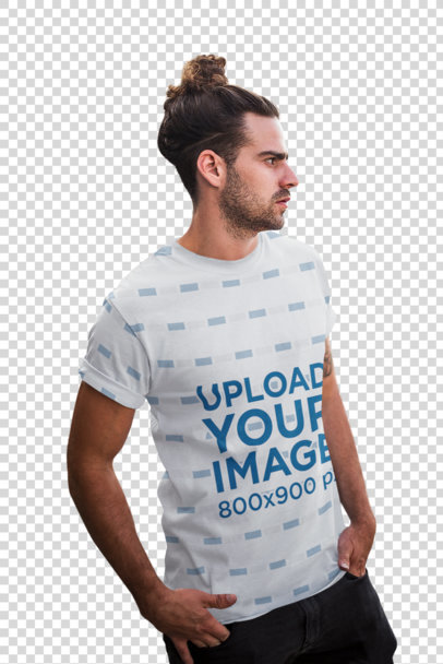 Transparent Mockup of a Man with a Man Bun Wearing a Sublimated T-Shirt on the Street
