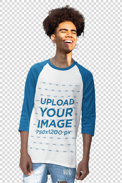 Transparent Mockup of a Young Man Wearing a Raglan Tee with Three-Quarter Sleeves