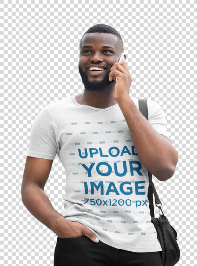 Transparent Mockup of a Man Wearing a Heathered T-Shirt While on the Phone