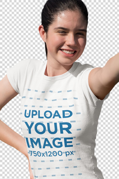 Transparent T-Shirt Mockup of a Happy Teenager Taking a Selfie at a Soccer Field 