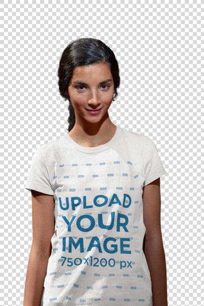 Transparent Tshirt Mockup of a Smiling Woman Standing Against a Yellow Wall