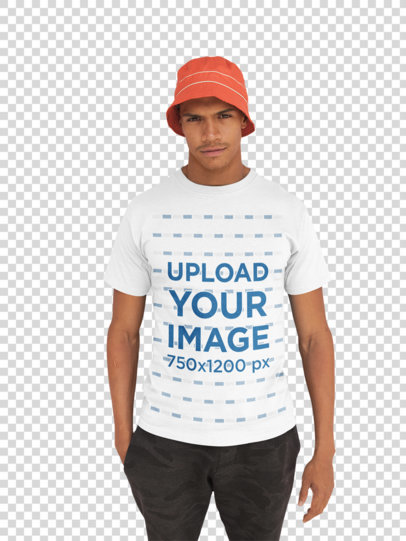 Transparent T-Shirt Mockup of a Man Wearing a Bucket Hat