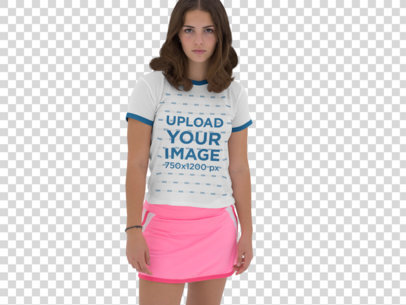 Transparent Beautiful Woman Wearing a Ringer Tee Mockup with a Pink Skirt 