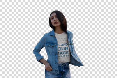 Transparent T-Shirt Mockup of a Brunette Woman Posing in a Denim Outfit Outdoor 