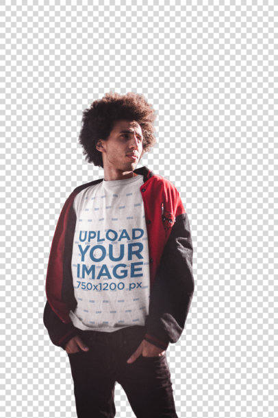 Transparent T-Shirt Mockup of a Man with Afro Hairstyle Standing Against a Building on the Street
