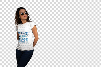 Transparent T-Shirt Mockup of a Woman Wearing Sunglasses and a Casual Outfit