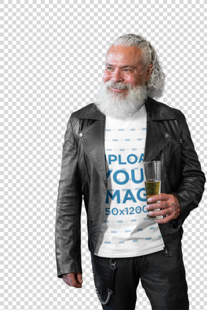 Transparent T-Shirt Mockup of a Smiling Senior Holding a Glass at a Bar