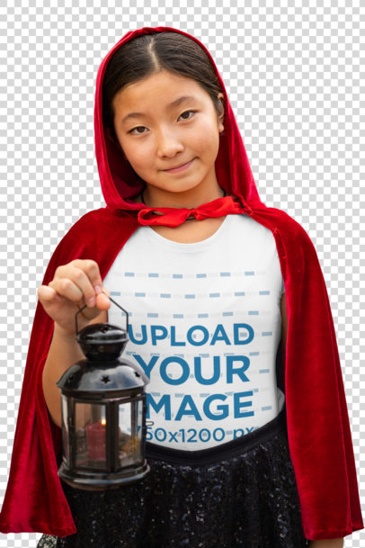 Transparent T-Shirt Mockup of a Girl with a Red Cape 