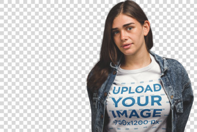 Transparent White Woman Wearing a T-Shirt Mockup and a Denim Jacket at a Studio